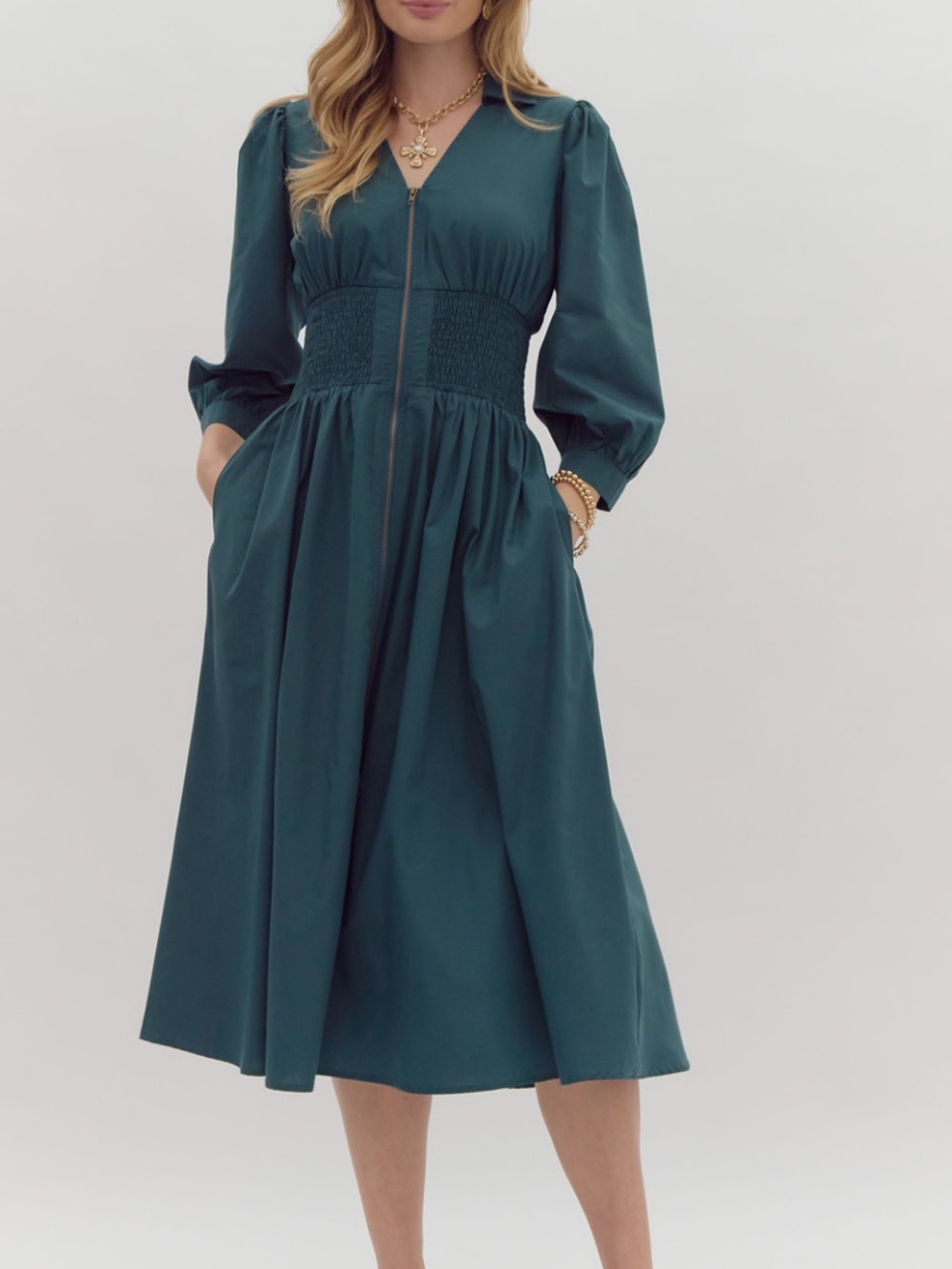 Entro Midi zip Dress medium in Hunter green Smocked Waist